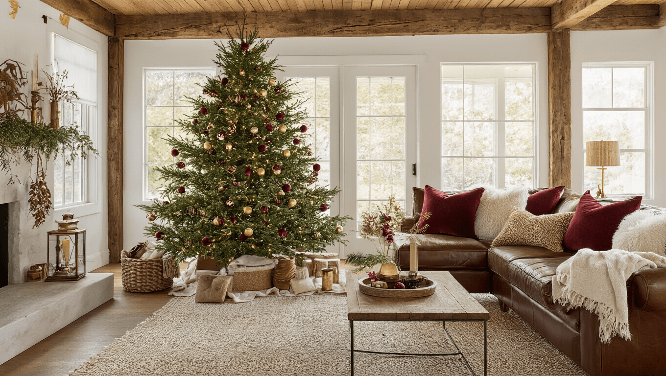 "Cozy Christmas living room during golden hour featuring a Fraser fir tree with burgundy and gold ornaments, a leather sofa with cream throws, brass lanterns, and rustic wooden beams."