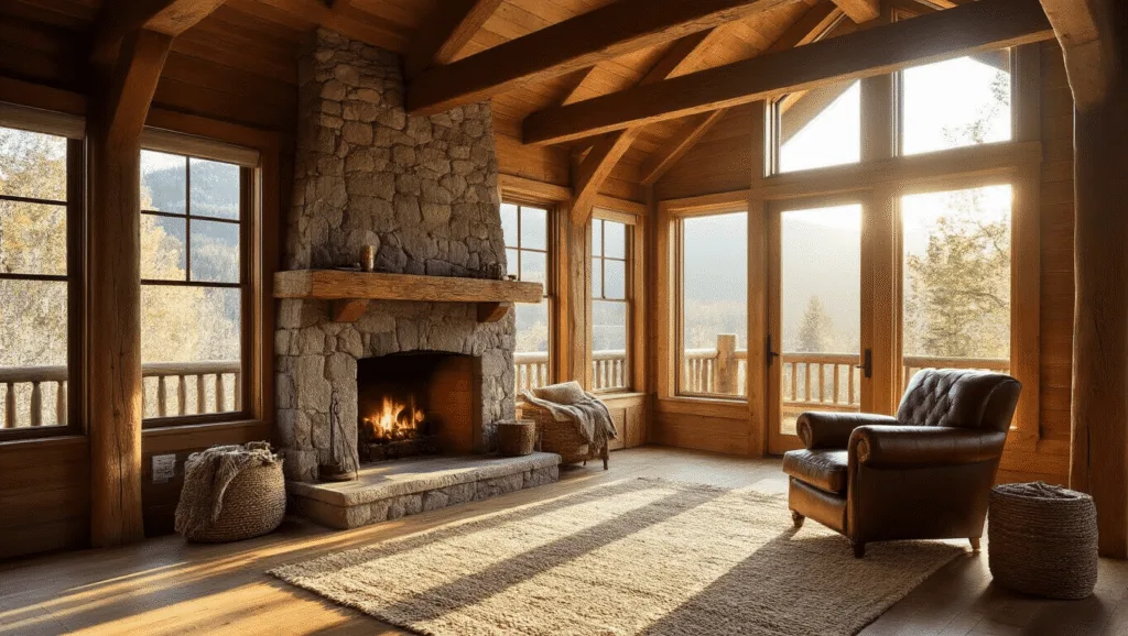 "Cozy cabin interior with wooden beams, stone fireplace, leather armchair, and golden hour sunlight pouring through windows"
