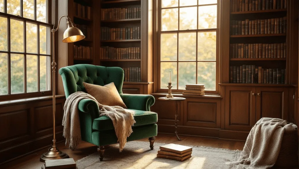 "Cozy reading nook with vintage armchair, brass lamp, and walnut bookshelves bathed in natural sunlight"