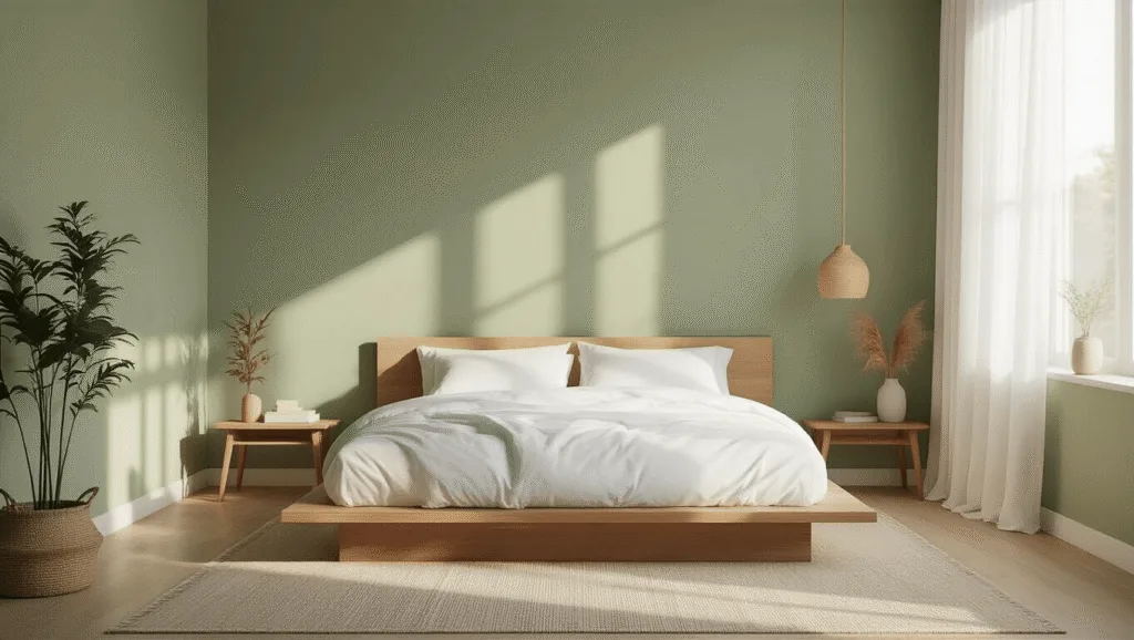 "Cozy small bedroom with sage green walls, minimalist decor, platform bed, and natural light filtering through sheer white curtains."