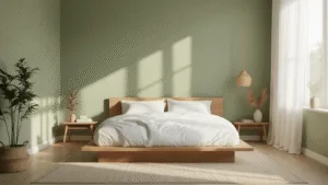"Cozy small bedroom with sage green walls, minimalist decor, platform bed, and natural light filtering through sheer white curtains."
