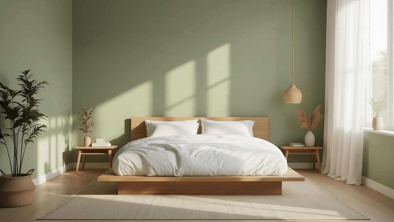 "Cozy small bedroom with sage green walls, minimalist decor, platform bed, and natural light filtering through sheer white curtains."
