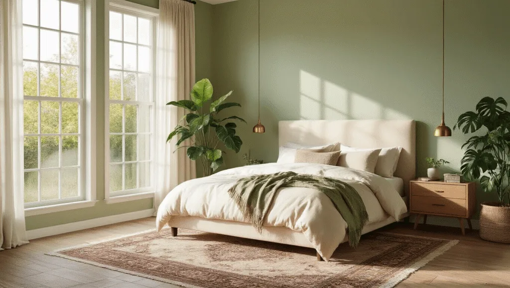 "Sage green bedroom with natural light, cream queen bed, oak floors, Persian rug and brass accents"