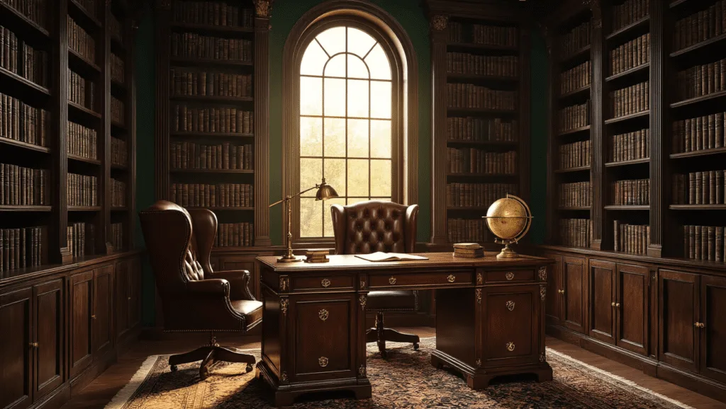 "Vintage library corner with mahogany desk, leather chair, wooden bookshelves filled with antique books, and a tall arched window streaming warm light"