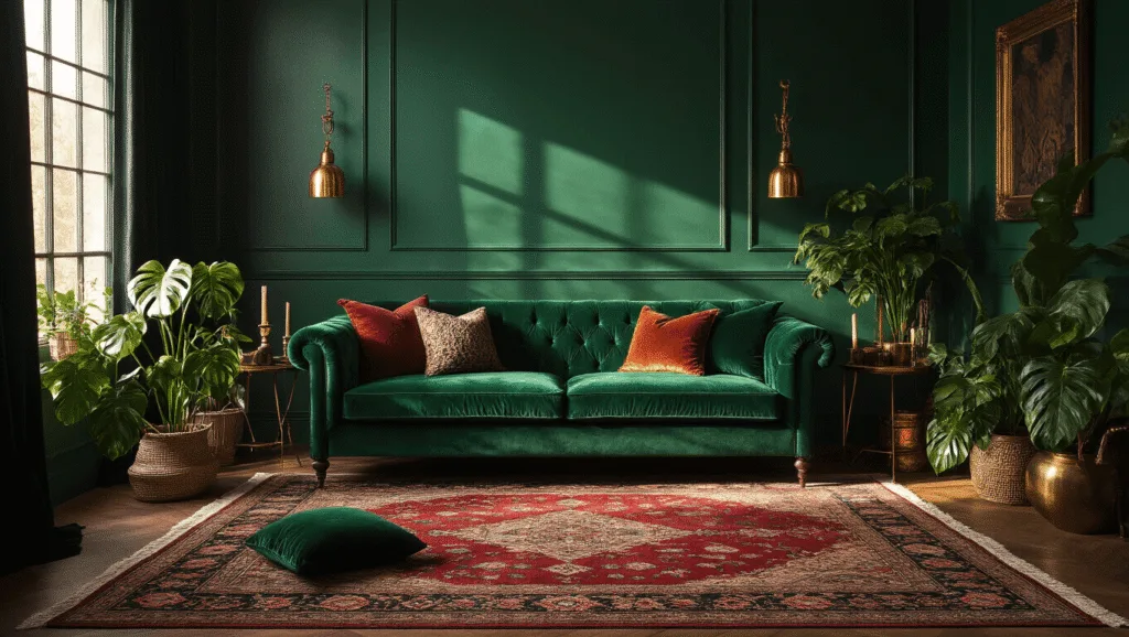 "Bohemian-style living room with emerald velvet sofa, vintage Persian rug, and dramatic afternoon light filtering through black curtains."