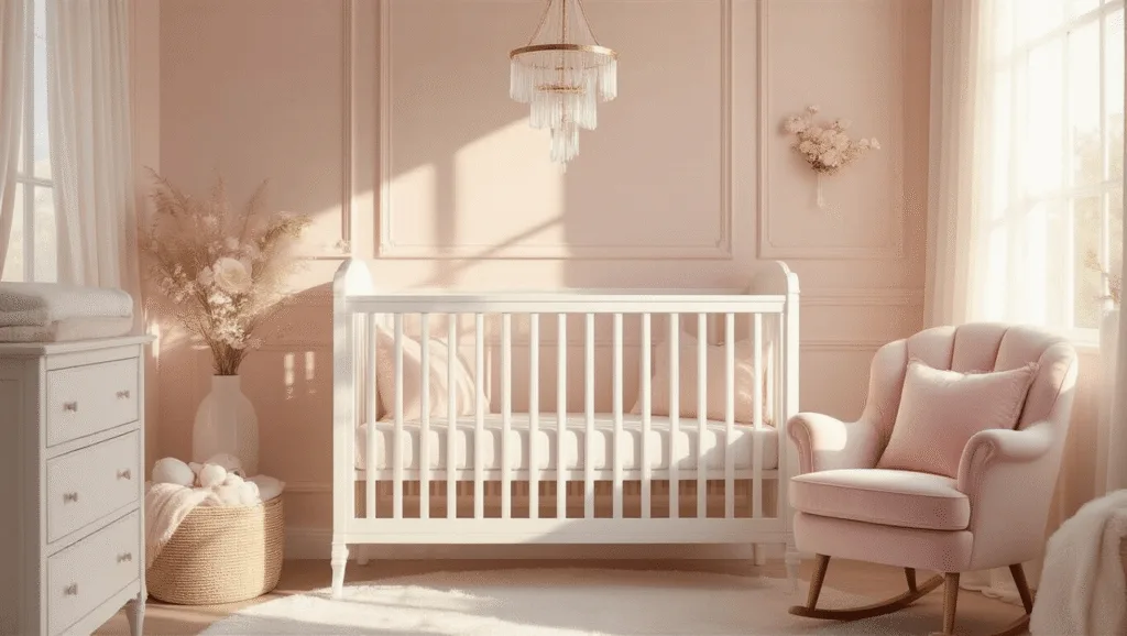 "Sunlit nursery with blush pink walls, classic white crib, plush velvet glider and floral accents in golden hour light"