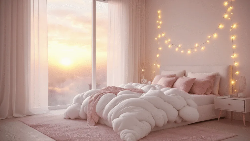 "Dreamy bedroom with queen bed, cloud bedding, pink pillows, fairy lights, soft sunset light through sheer curtains, and minimalistic pastel decor"