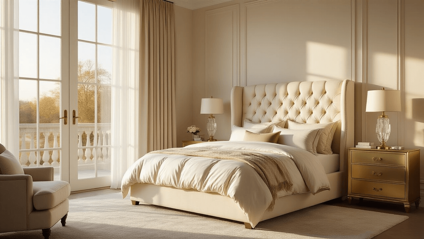 "Luxurious master bedroom with cream tufted king bed, champagne bedding, brass nightstands, crystal lamps, and floor-to-ceiling windows during golden hour"