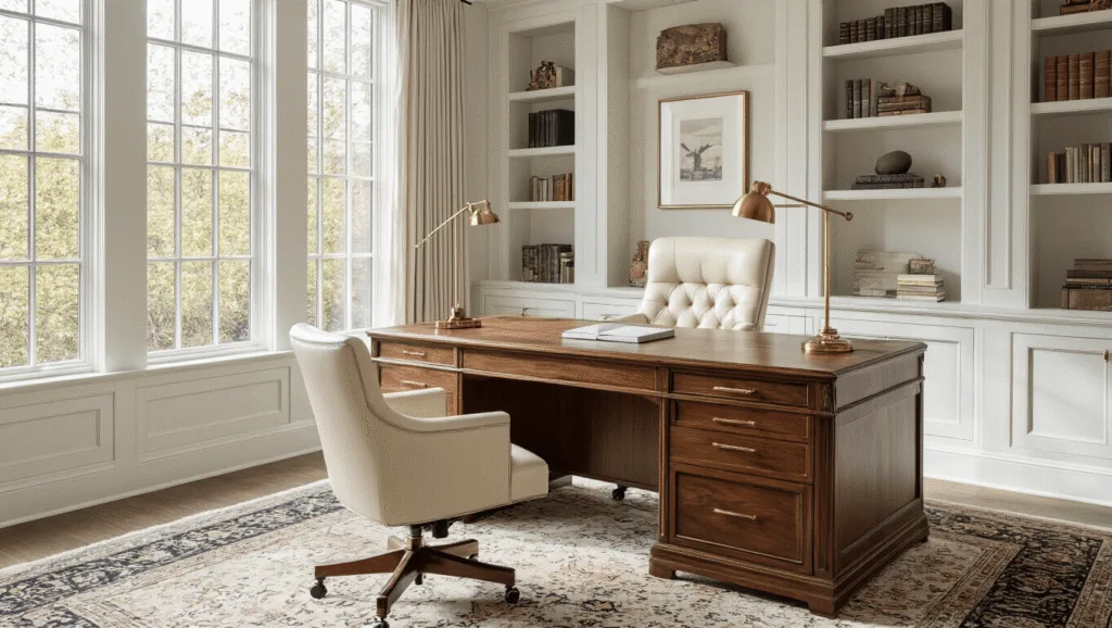 "Sophisticated home office with walnut desk, cream leather chair, brass lamp, white bookshelves, Persian rug, and natural light streaming through tall windows"