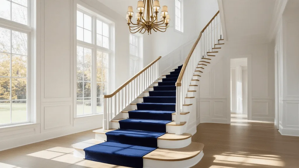 "Elegant white oak staircase with navy runner, brass chandelier, and morning light in a sophisticated entryway"