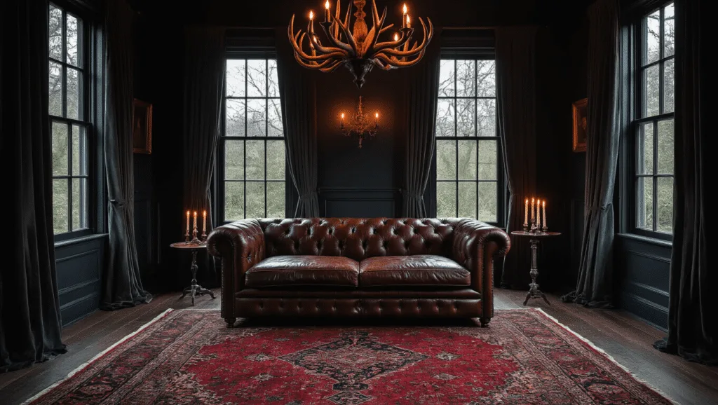 "Gothic vintage interior with leather Chesterfield sofa, Victorian windows, Persian rug, antler chandelier, and candlelight"