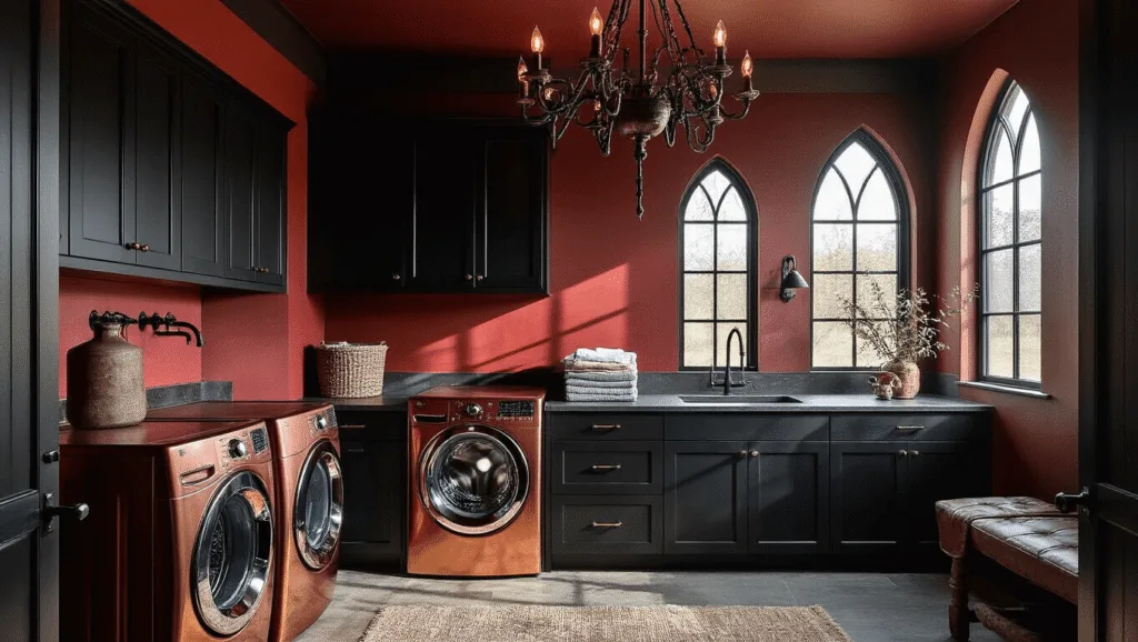 "Luxurious gothic-inspired laundry room with copper appliances, black cabinets, oxblood accent wall, and industrial-western decor features"