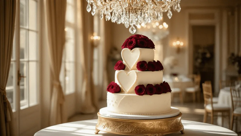 Elegant heart-shaped wedding cake with ivory buttercream and burgundy roses on gold stand in a sunlit ballroom under a crystal chandelier.