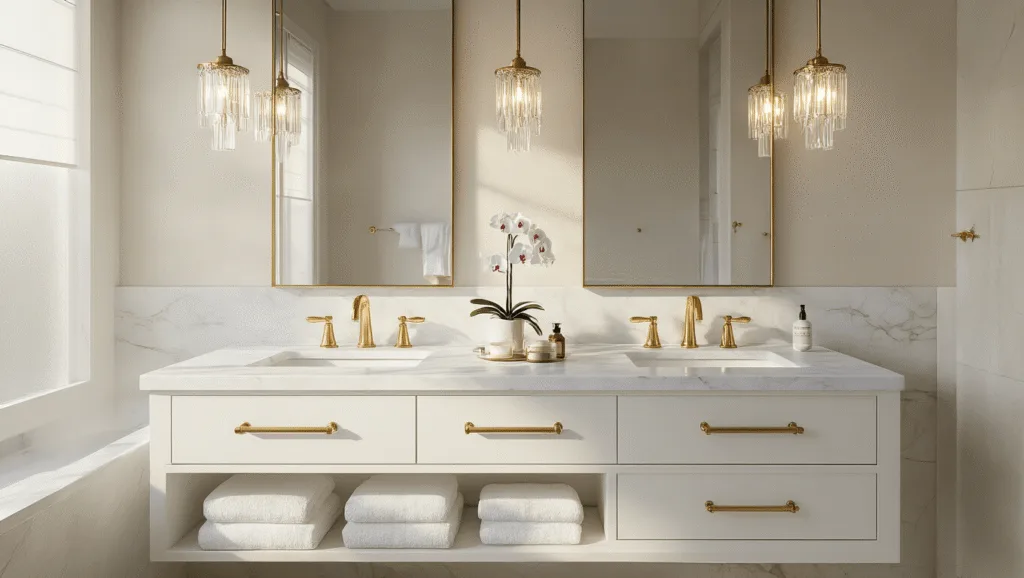 "Elegant master bathroom with double sink vanity, marble top, gold fixtures, and morning sunlight"