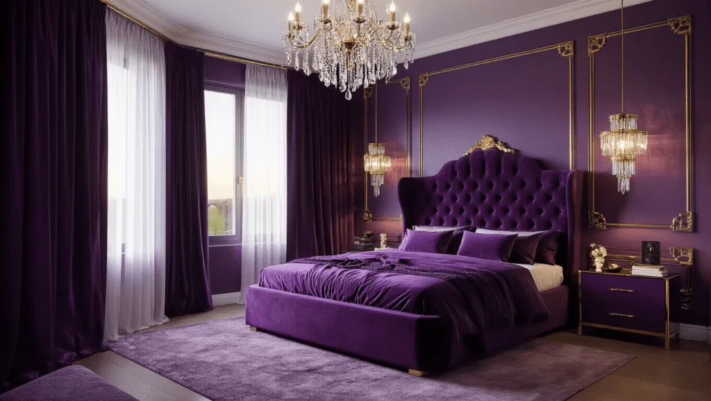 "Luxurious purple bedroom with velvet headboard, crystal chandelier, gold-trimmed mirrors, silk curtains and plush carpeting in warm evening lighting"