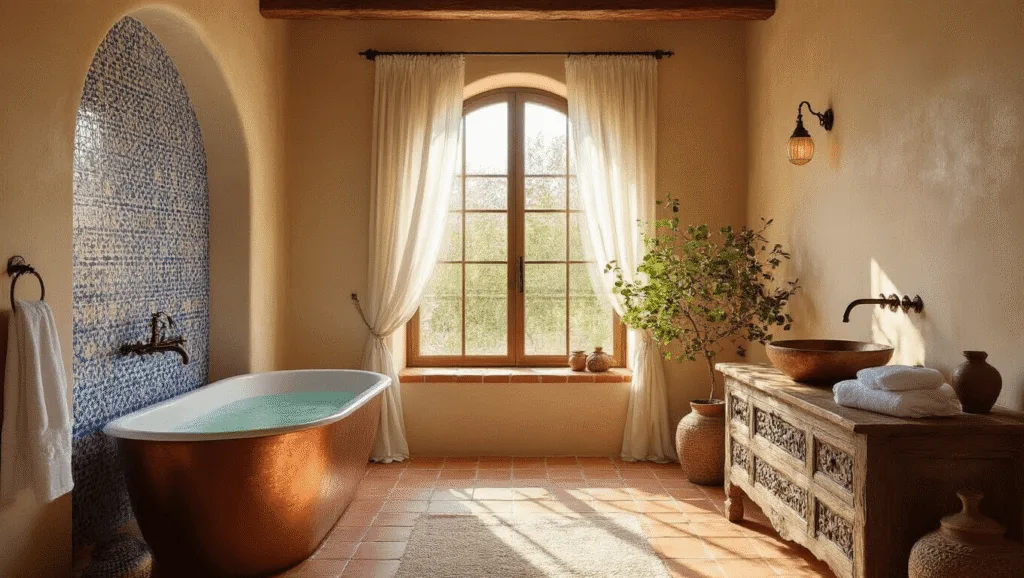 "Mediterranean bathroom with copper tub, terracotta floors, arched window, and mosaic accent wall in warm, sunlit setting"