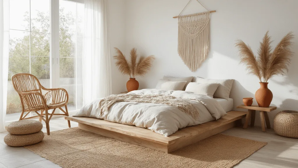 "Minimalist boho bedroom with low platform bed, jute rug, rattan chair, macramé wall art, dried pampas grass in vases, and terracotta accents in morning light"