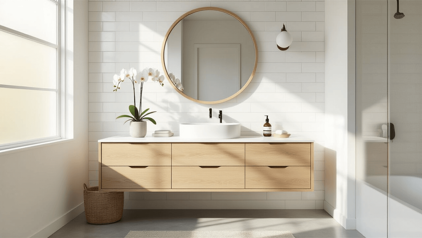 "Minimalist bathroom with white oak vanity, round mirror, white subway tiles, concrete floors, and a potted orchid"