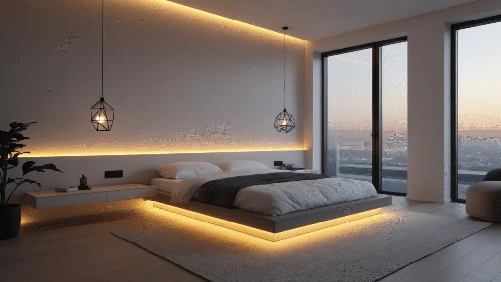 "Modern minimalist bedroom at twilight with warm LED lighting, large windows, white bedding and matte black accents"