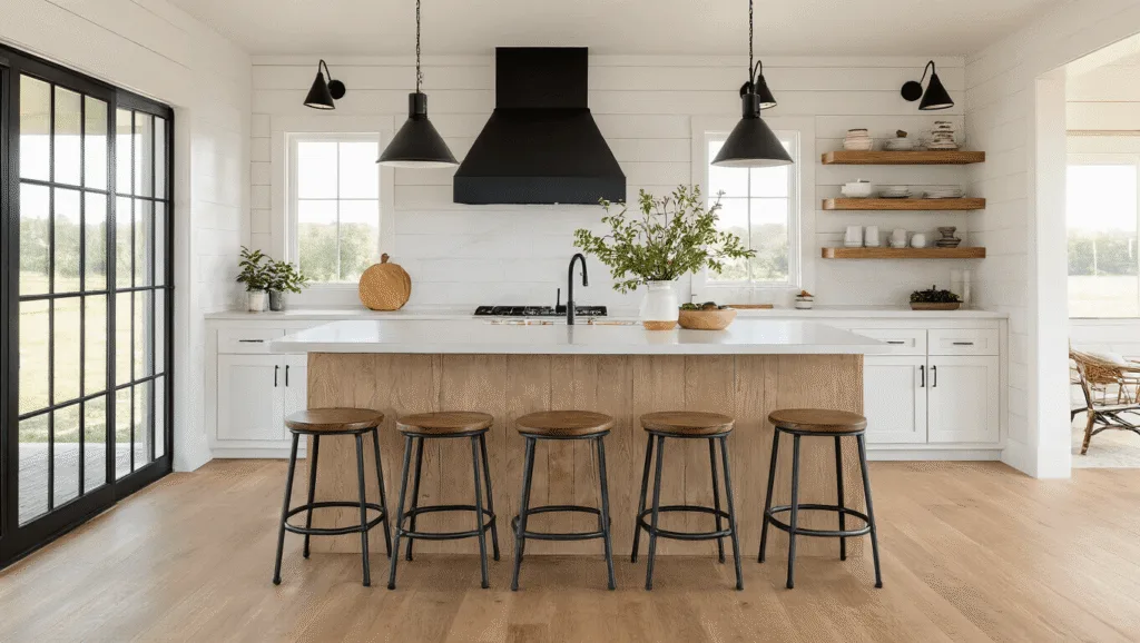 "Modern barndominium kitchen with a quartzite island, shaker cabinets, oak floors and a black hood. The kitchen has open shelving and is lit by warm, natural light during the golden hour."