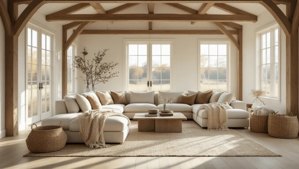 "Sunlit modern barnhouse living room with exposed wooden beams, whitewashed oak floors, oatmeal linen sectional, and textured accents with morning light streaming through tall windows"