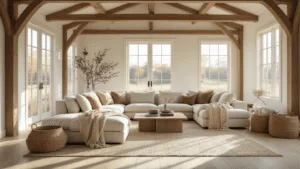 "Sunlit modern barnhouse living room with exposed wooden beams, whitewashed oak floors, oatmeal linen sectional, and textured accents with morning light streaming through tall windows"