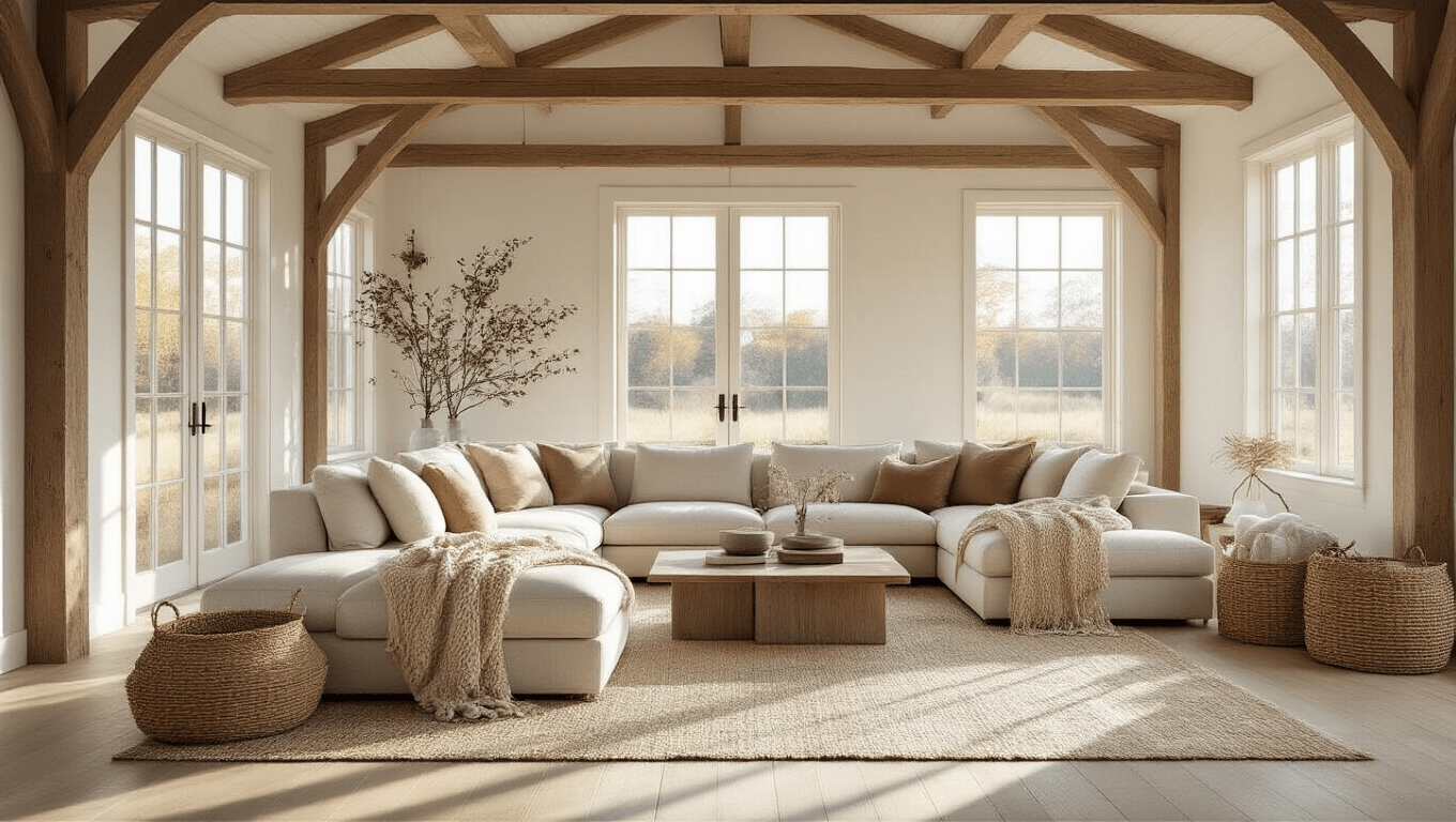 "Sunlit modern barnhouse living room with exposed wooden beams, whitewashed oak floors, oatmeal linen sectional, and textured accents with morning light streaming through tall windows"
