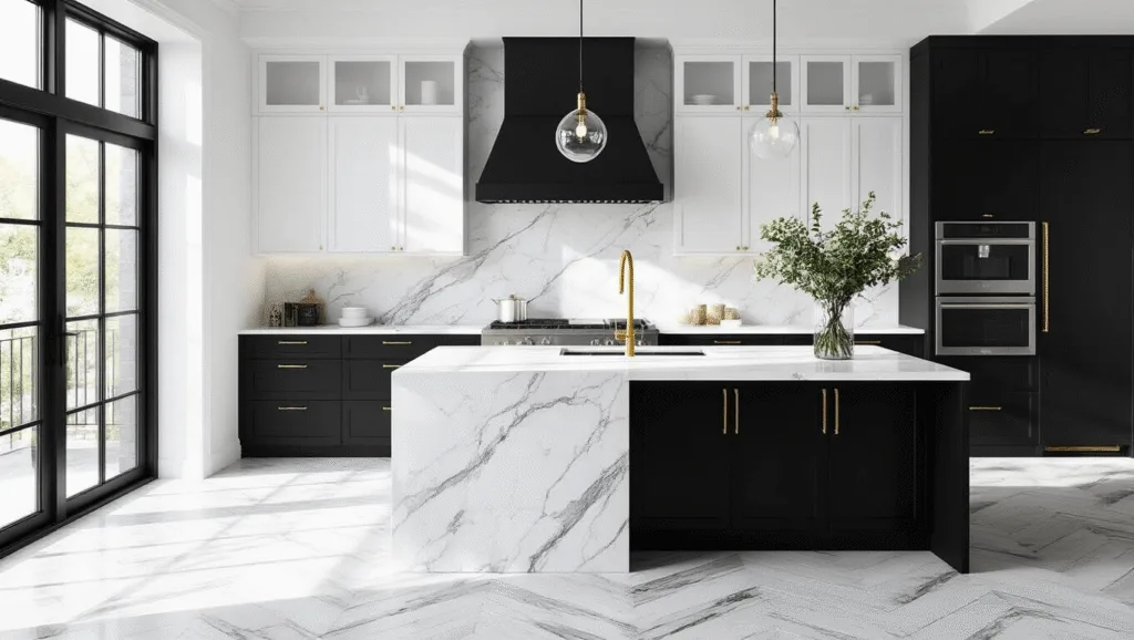 "Modern black and white kitchen with quartz countertops, stainless steel appliances, and marble herringbone backsplash"