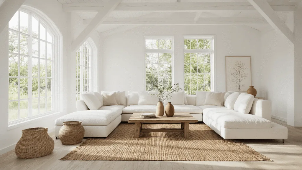 "Minimalist modern cottage living room with white beams, ivory sectional, rustic oak coffee table, layered natural rugs, and cathedral windows allowing bright sunlight"
