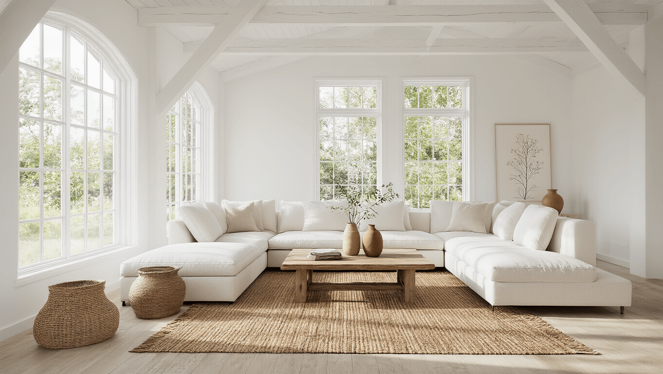 "Minimalist modern cottage living room with white beams, ivory sectional, rustic oak coffee table, layered natural rugs, and cathedral windows allowing bright sunlight"