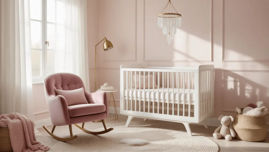 "Blush pink nursery with a white crib, mauve velvet rocking chair, gold accents, and natural morning light"