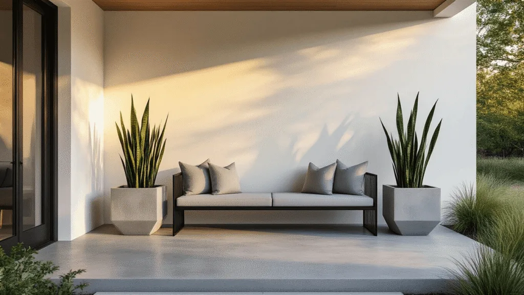 "Modern front porch at golden hour with a minimalist bench, concrete planters with snake plants, and warm lighting."