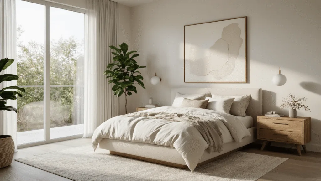 "Modern luxury bedroom with neutral tones, platform bed, vintage oak nightstands, abstract art, and fiddle leaf fig plant in soft morning light"