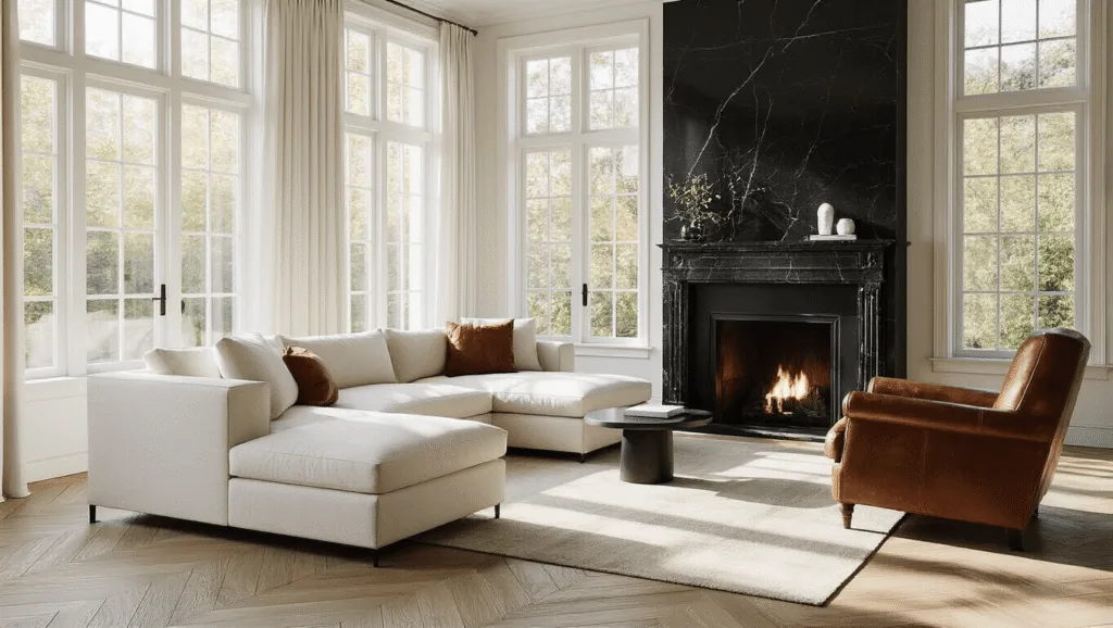 "Sunlit vintage modern living room with white-oak herringbone floors, ivory sectional sofa, leather armchair, and black marble fireplace with brass inlay"