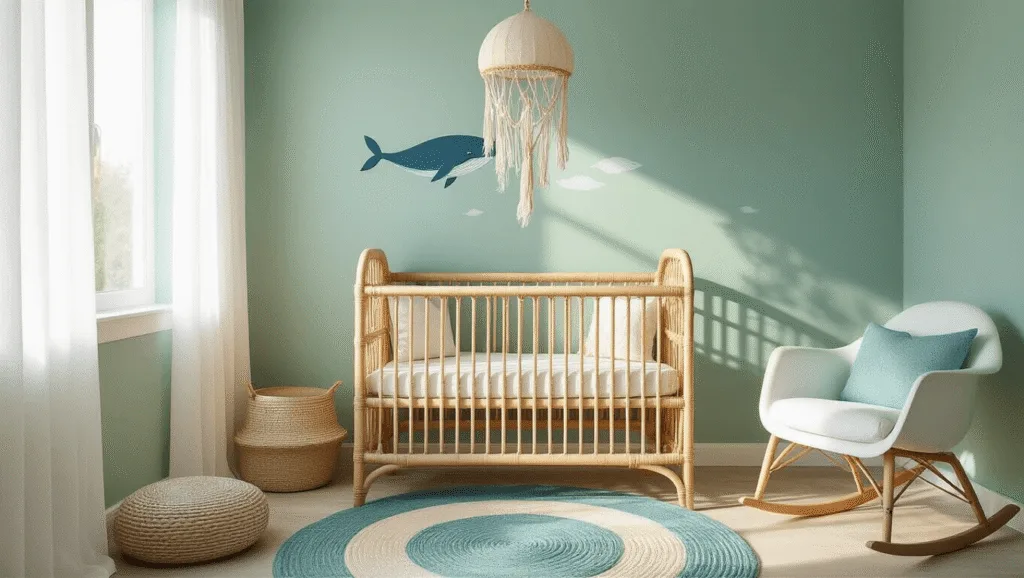 "Serene nursery with rattan crib, seafoam green whale mural, white curtains and macramé jellyfish mobile illuminated by golden hour light"