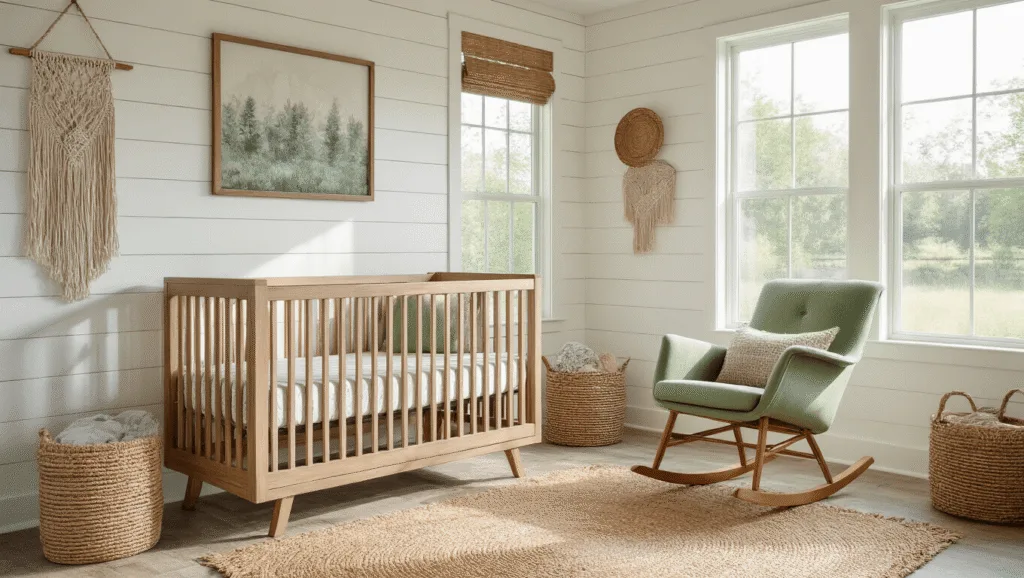 "Rustic barndominium nursery featuring a natural wood crib, sage green rocking chair, vintage brass accents, and soft morning light streaming through the windows."
