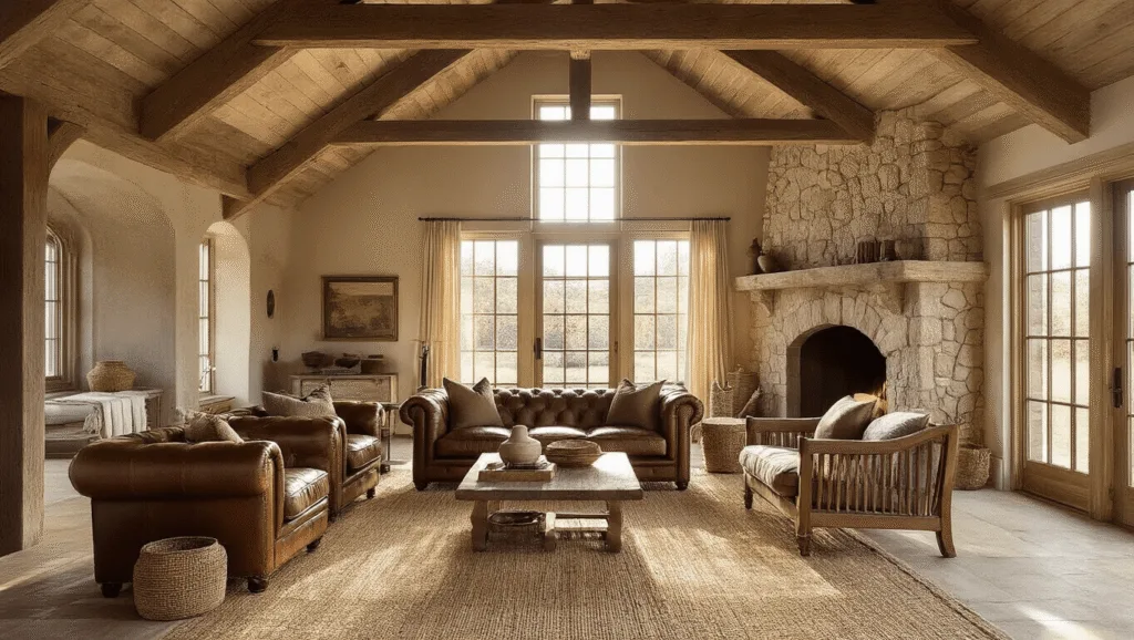 "Rustic living room with cathedral ceiling, exposed wooden beams, leather sofa, stone fireplace, oak armchairs and sunlight streaming through windows."