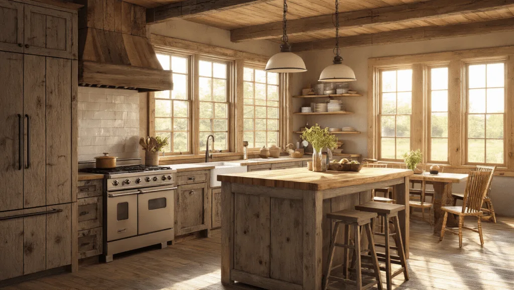 "Rustic kitchen interior with distressed hickory cabinets, butcher block island, and warm sunlight streaming through windows, showcasing natural textures in a farmhouse style."