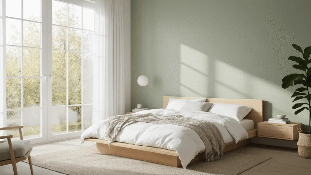 "Scandinavian bedroom with minimalist oak platform bed, white linens, sage green accent wall, textured throws, and a fiddle leaf fig plant in natural morning light."