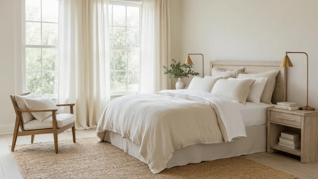 "Soft morning light illuminating a serene neutral-toned bedroom with cream linen bedding, whitewashed oak floors, brass accents, eucalyptus sheer curtains and natural textures."