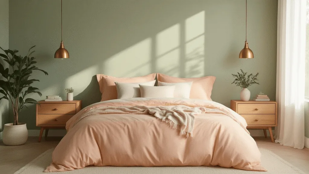 "Sage green bedroom with peach bedding, oak nightstands, brass lamps, and a potted plant, bathed in soft morning light"
