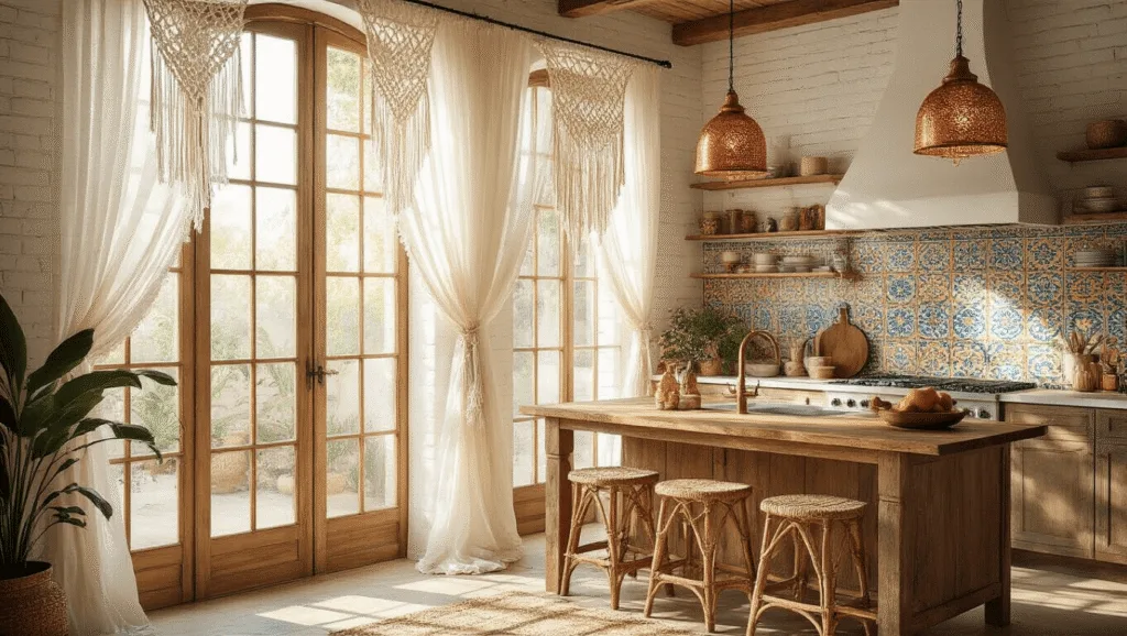 "Bohemian style kitchen with sunlit macramé curtains, Moroccan tile backsplash and copper pendant lights"