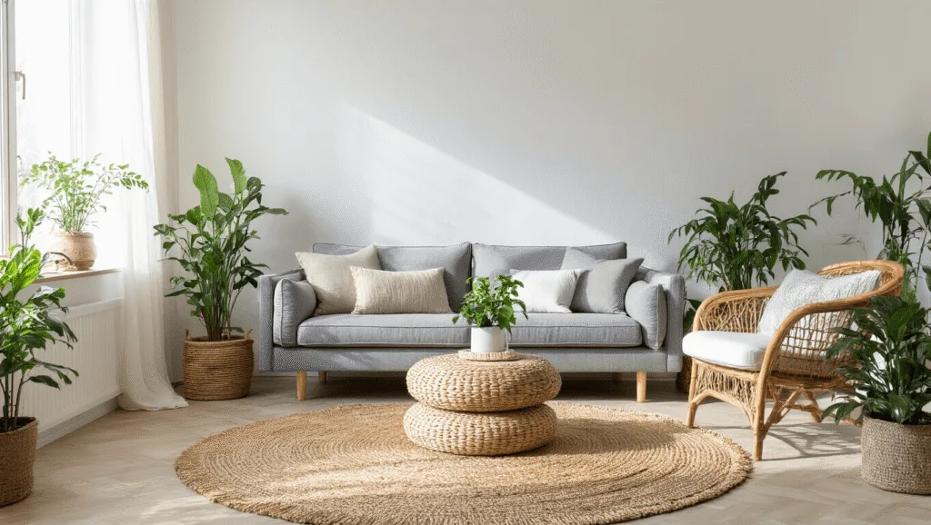 "Scandinavian boho living room with a low-profile gray sofa, rattan chair, jute rug, potted plants, sheer curtains, sunlit interiors with natural light and white walls"