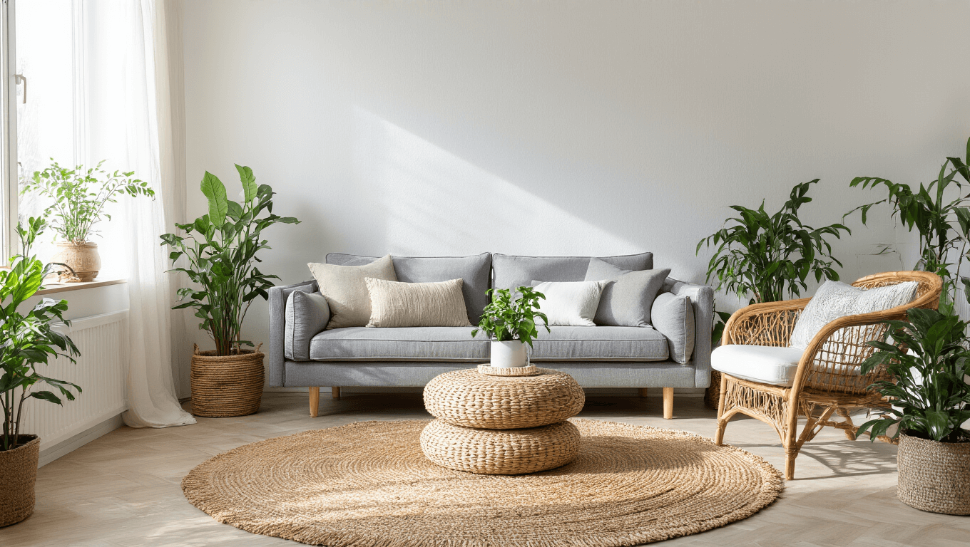 "Scandinavian boho living room with a low-profile gray sofa, rattan chair, jute rug, potted plants, sheer curtains, sunlit interiors with natural light and white walls"