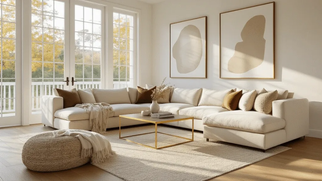 "Sophisticated living room with cream sectional sofa, brass coffee table, oak hardwood floors, large windows and abstract art on white walls"