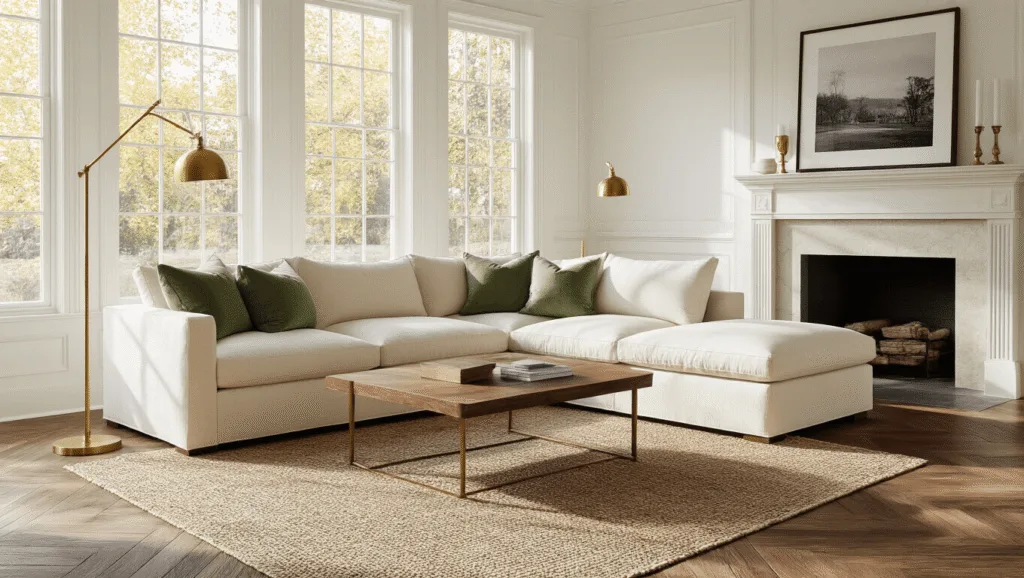"Sunny living room with cream sectional, walnut coffee table, brass lamps, Persian rugs, and morning glow natural light"
