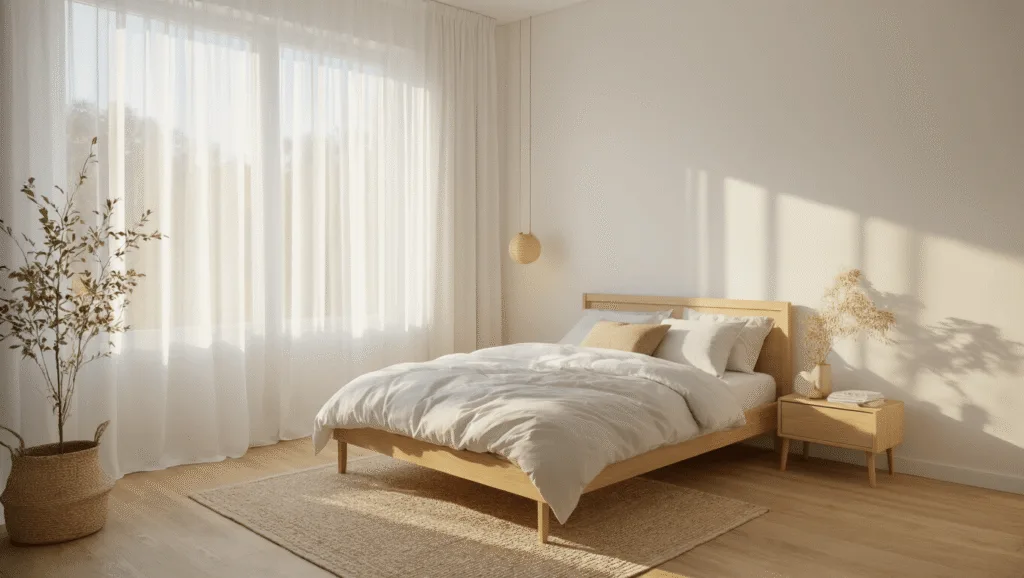 "Minimalist small bedroom with platform bed, light oak floors, sheer curtains in golden sunlight, and clean aesthetic."