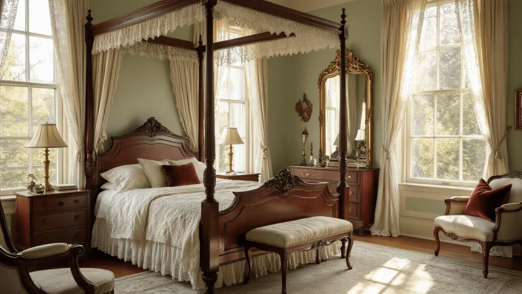 "Victorian bedroom with warm sunlight highlighting the mahogany four-poster bed, vintage lace curtains, and velvet pillows."