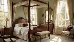 "Victorian bedroom with warm sunlight highlighting the mahogany four-poster bed, vintage lace curtains, and velvet pillows."