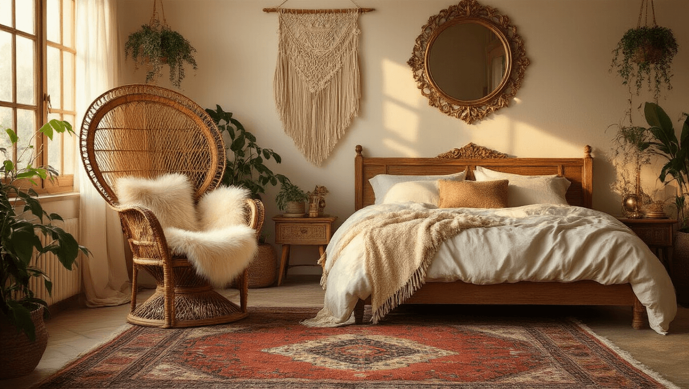 "Vintage boho bedroom with rattan peacock chair, macrame wall hanging, Persian rugs, and soft golden lighting"